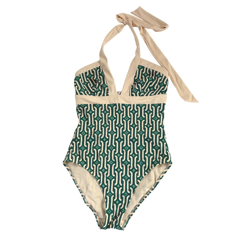 Boden Green Geometric Chain Link Halter One Piece Swimsuit Womens US 6R